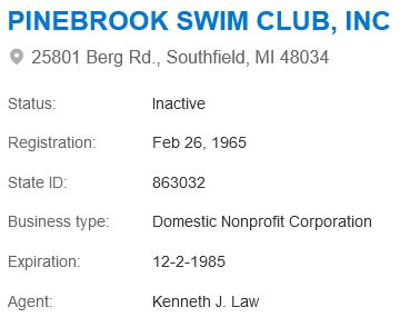 Pinebrook Swim Club - Company Registration